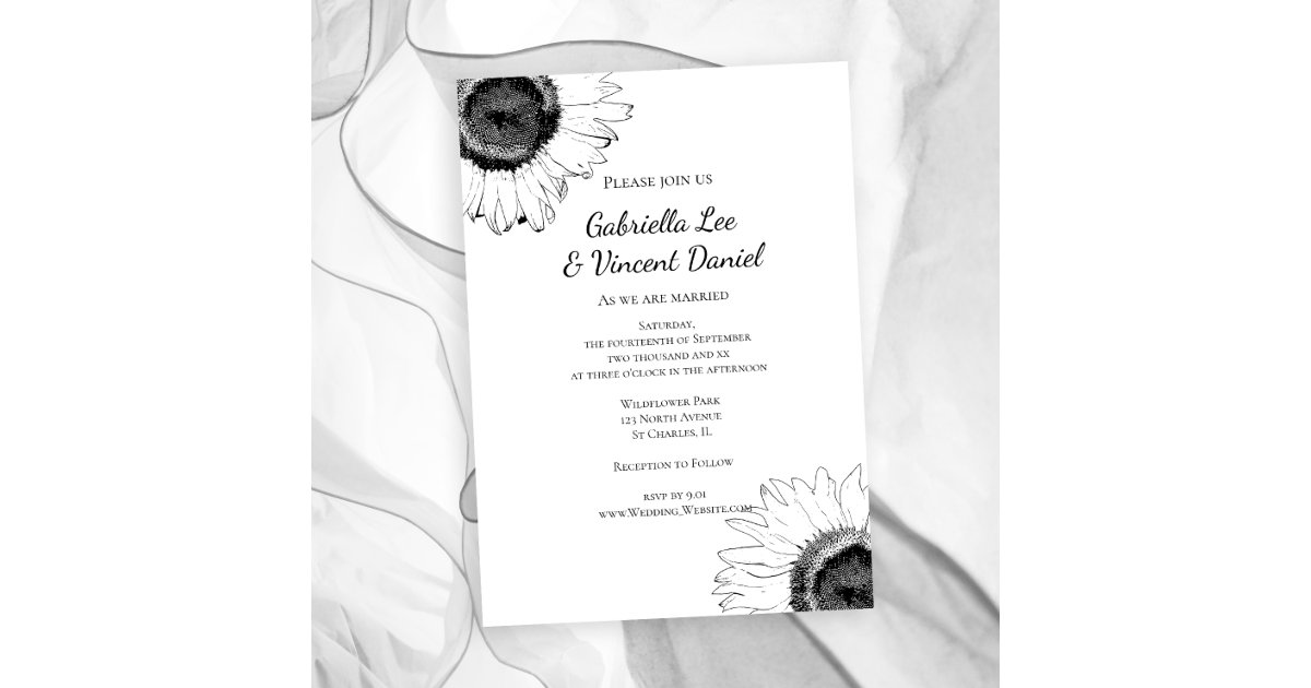 Invitación Boda de girasol blanco y negro 