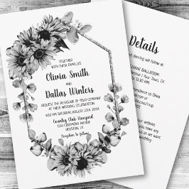 Invitación Boda de girasol blanco y negro todo en uno