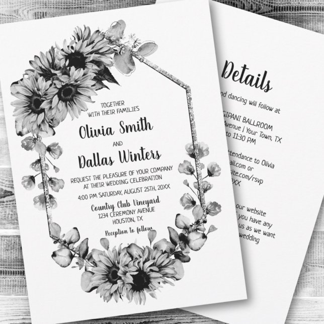 Invitación Boda de girasol blanco y negro todo en uno (Subido por el creador)