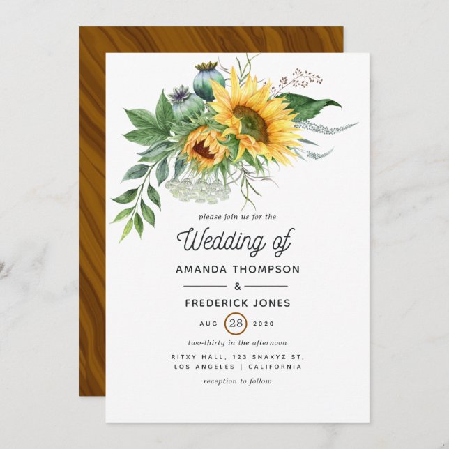 Invitación Boda de girasol bohemio de color acuático (Anverso / Reverso)