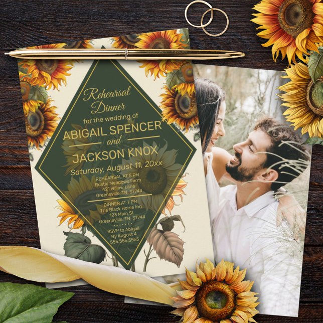 Invitación Boda de girasol Cena de ensayo Green & Gold (Subido por el creador)
