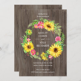 Invitación Boda de girasol con corona de flores sobre fondo d