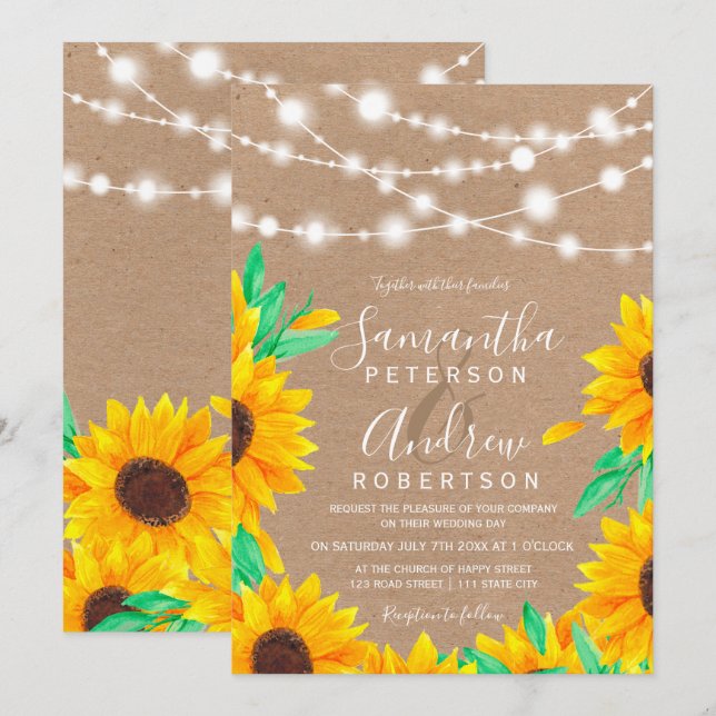 Invitación Boda de girasol con luces de cuerdas de kraft marr (Anverso / Reverso)