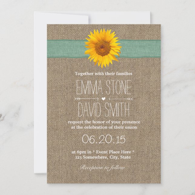 Invitación Boda de girasol de arpillera campestre (Anverso)