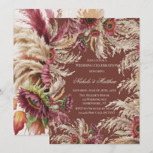 Invitación Boda de Girasol de Borgoña y Hierba de Pampas