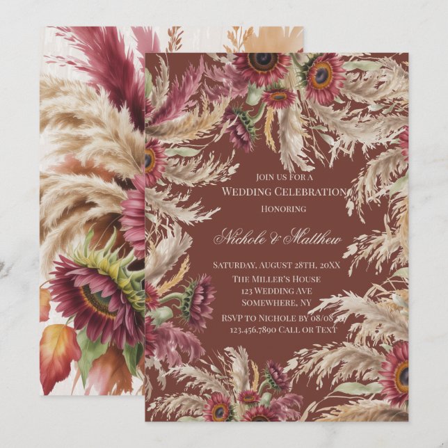 Invitación Boda de Girasol de Borgoña y Hierba de Pampas (Anverso / Reverso)