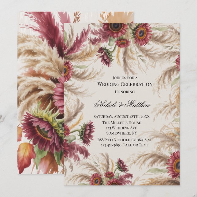 Invitación Boda de Girasol de Borgoña y Hierba de Pampas (Anverso / Reverso)