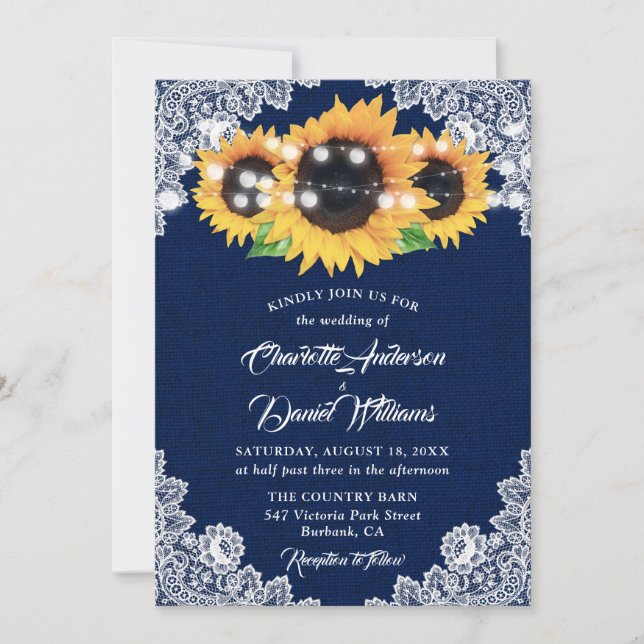 Invitación Boda de girasol de encaje de arpillera azul marino (Anverso)