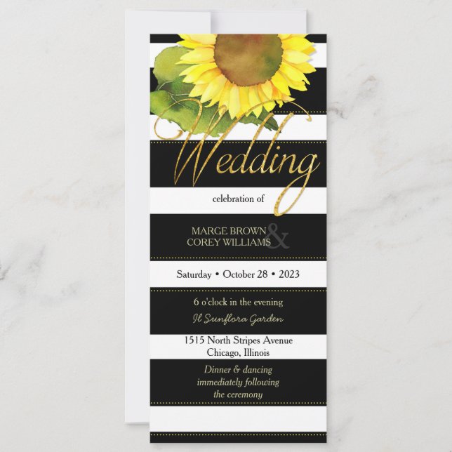 Invitación Boda de girasol de franjas blancas negras modernas (Anverso)
