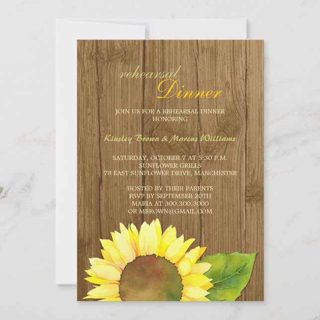 Invitación Boda de girasol de grano de madera Ensayo Cena (Anverso)