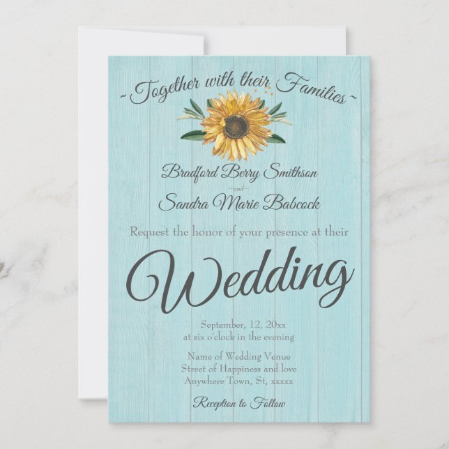 Invitación Boda de girasol de la madera de la madera azul Ver (Anverso)