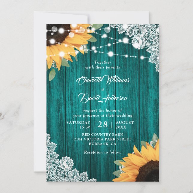 Invitación Boda de girasol de la madera verde azulada (Anverso)