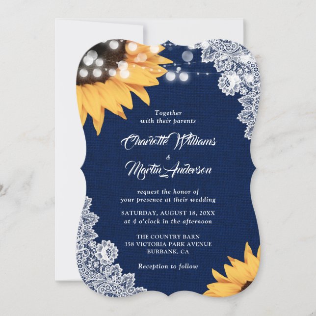 Invitación Boda de girasol de la Marina Blue Lace (Anverso)