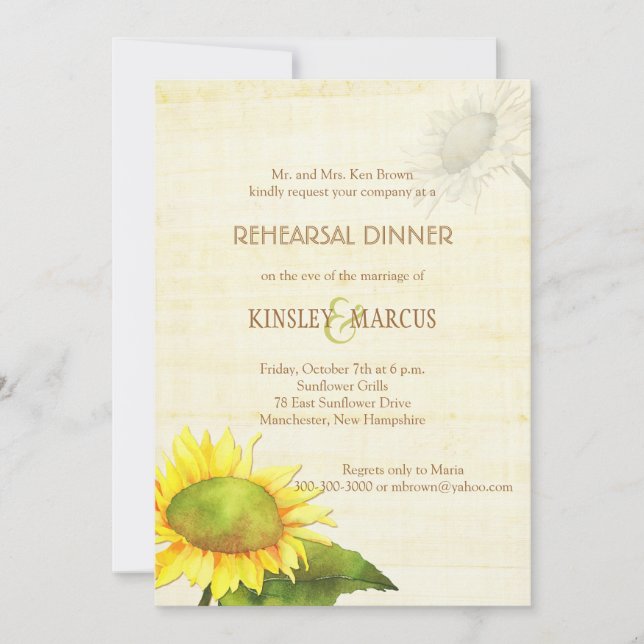 Invitación Boda de girasol de verano ensayo Cena (Anverso)