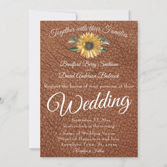 Invitación Boda de girasol dorado de cuero marrón negro ruso (Anverso)