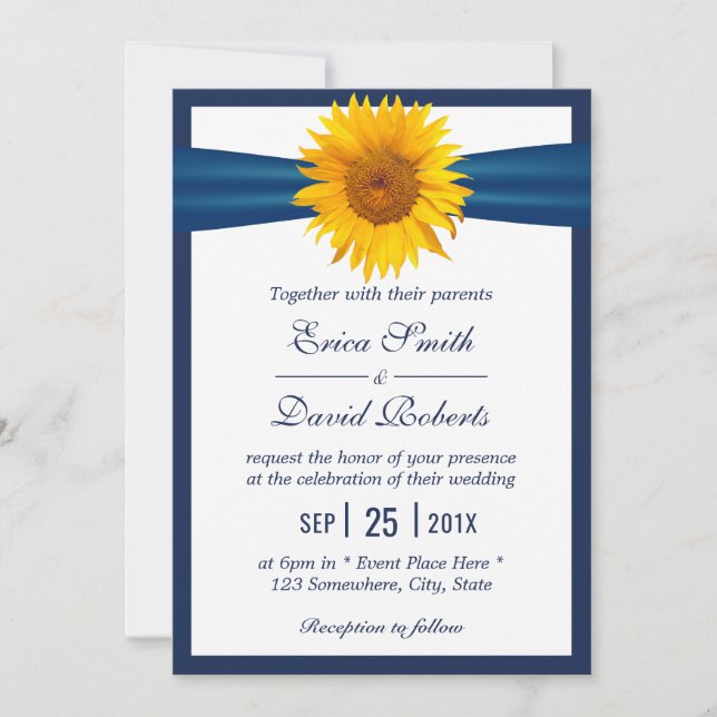 Invitación Boda de girasol Elegant Navy Cinta azul Minimal (Anverso)