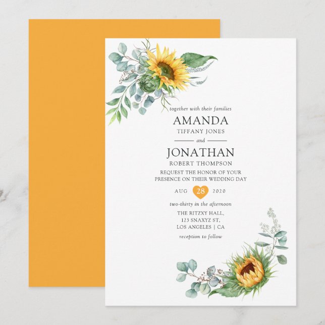 Invitación Boda de girasol eucalipto boho (Anverso / Reverso)