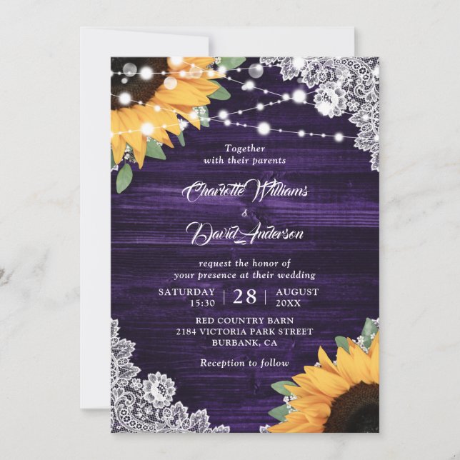 Invitación Boda de girasol Eucalyptus Purple Wood (Anverso)