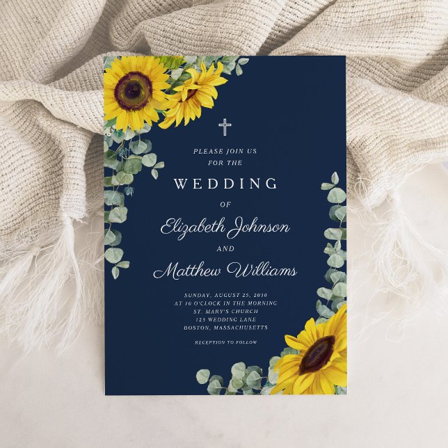 Invitación Boda de girasol floral azul de la marina religiosa (Religious Navy Blue Floral Sunflower Wedding Invitation)