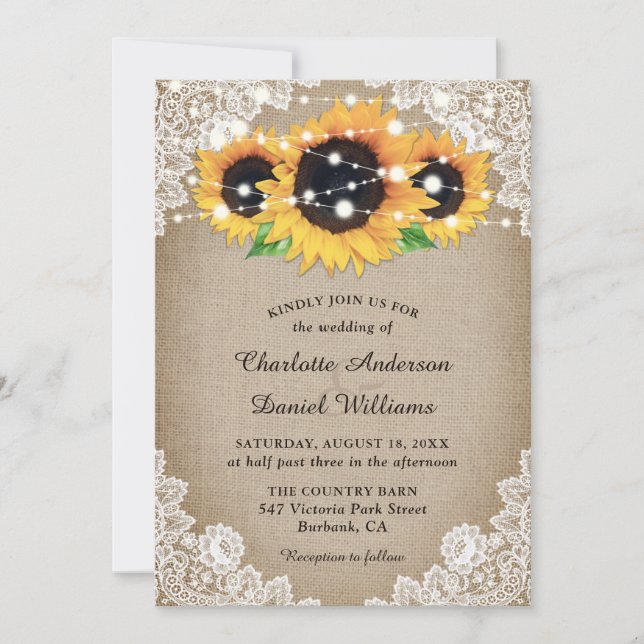 Invitación Boda de girasol floral de leña de madera rústica (Anverso)