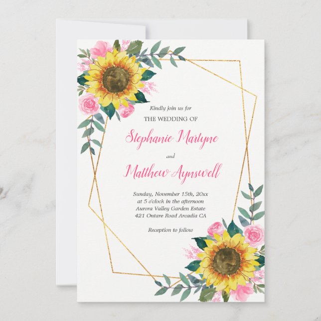 Invitación Boda de girasol floral rosado geométrico (Anverso)