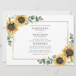 Invitación Boda de girasol floral y follaje de eucalipto