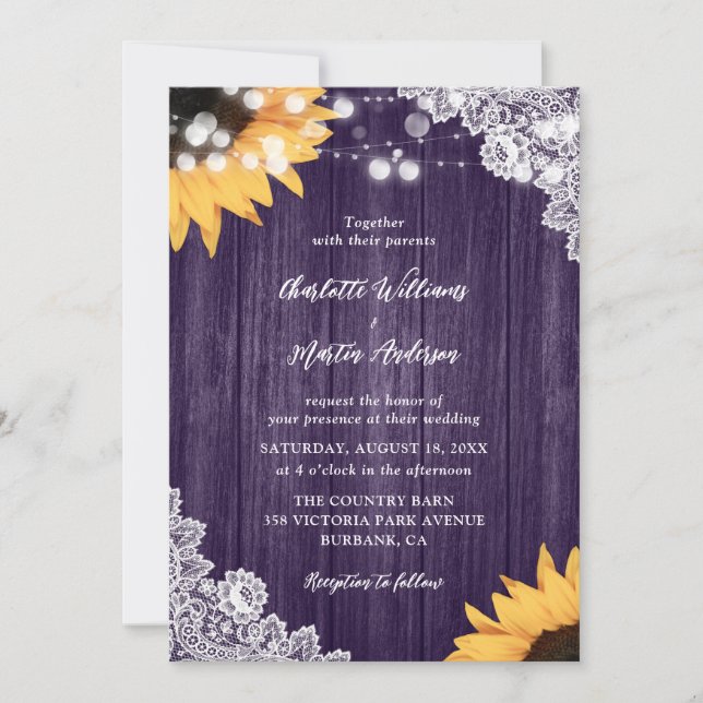 Invitación Boda de girasol morado floral de encaje floral (Anverso)
