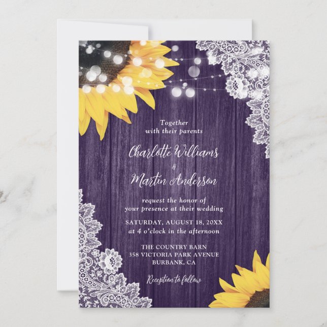 Invitación Boda de girasol Purple Rustic Wood Lace (Anverso)