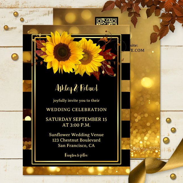 Invitación Boda de girasol rayado negro dorado (Wedding invitation featuring sunflowers and autumn leaves on black and sparkling gold stripes)