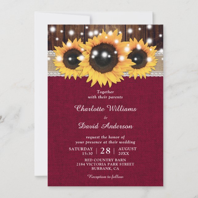 Invitación Boda de girasol ruso de Borgoña (Anverso)