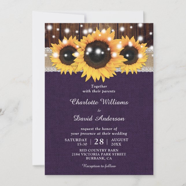 Invitación Boda de girasol ruso morado (Anverso)