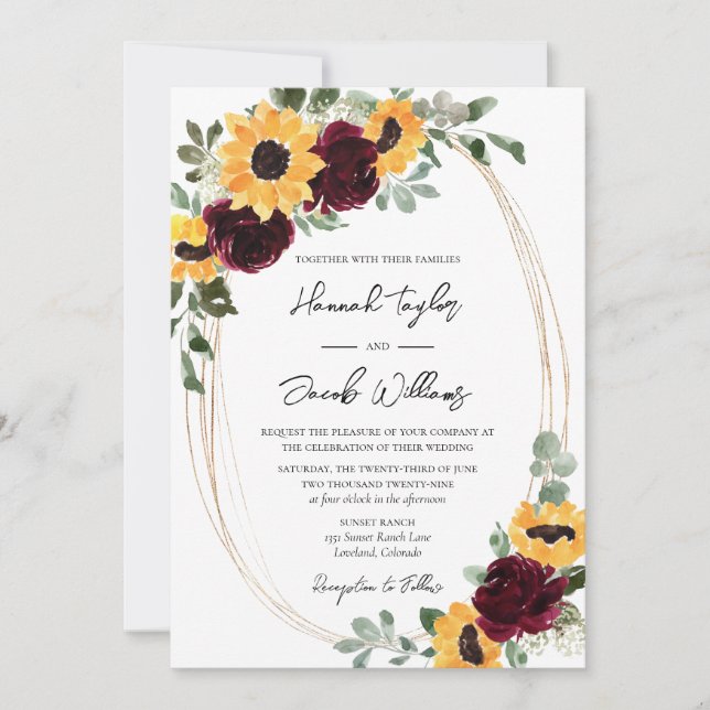 Invitación Boda de girasol ruso y Rosas (Anverso)