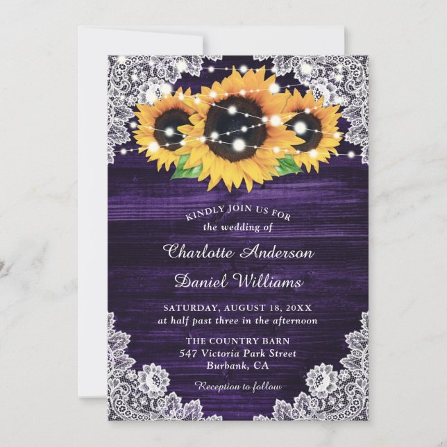 Invitación Boda de girasol Rusple Purple Burlap Lace (Anverso)