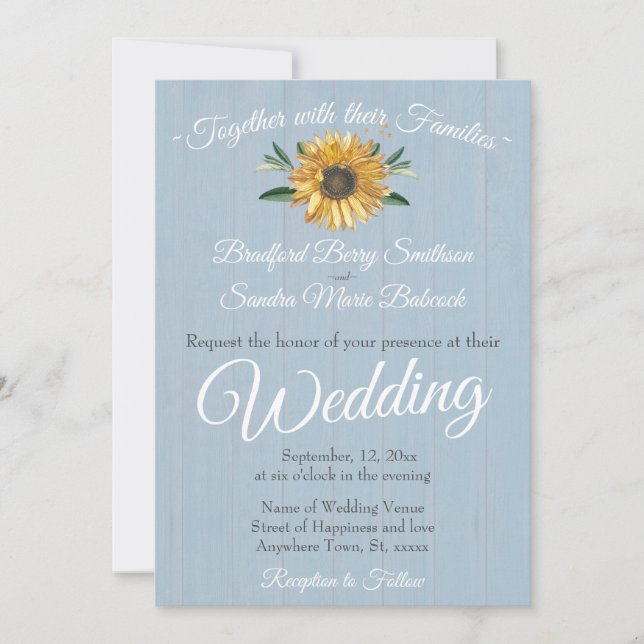 Invitación Boda de girasol Rustic Dusty Blue Barn Wood (Anverso)