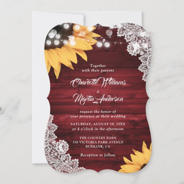 Invitación Boda de girasol Rustic Red Wood Lace (Anverso)