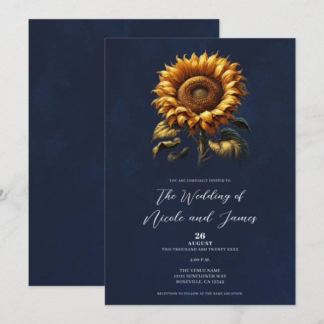 Invitación Boda de Girasol Rústico Azul  (Anverso / Reverso)