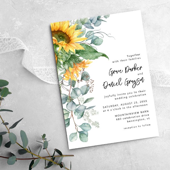 Invitación Boda de girasol rústico de eucalipto con informaci (Subido por el creador)