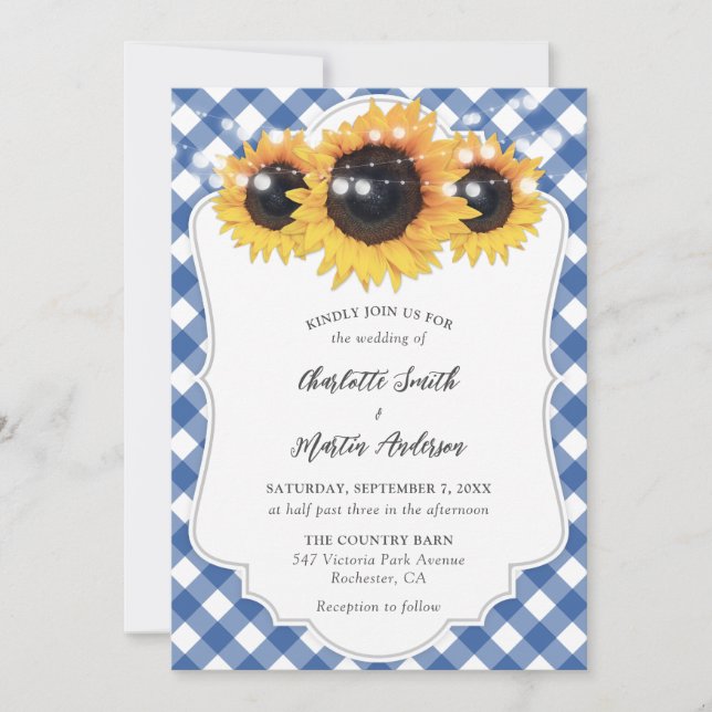Invitación Boda de Girasol Rústico de Gingham Azul (Anverso)