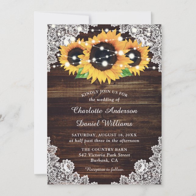 Invitación Boda de girasol rústico de madera de encaje (Anverso)