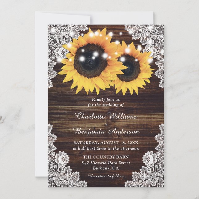 Invitación Boda de girasol rústico de madera de encaje (Anverso)