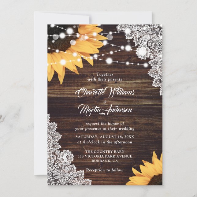 Invitación Boda de girasol rústico de madera de encaje (Anverso)