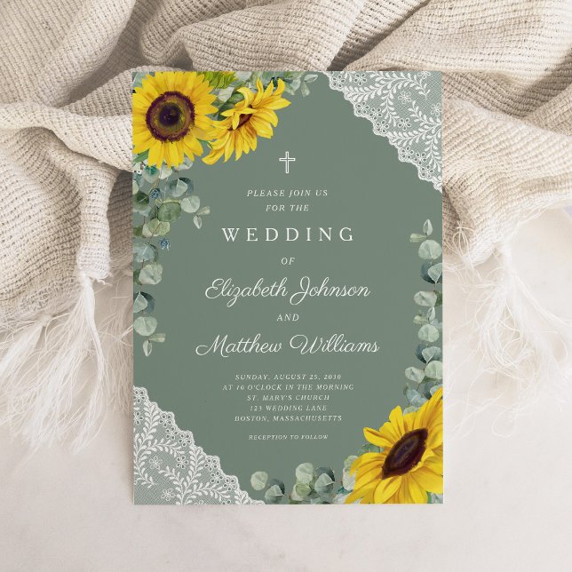 Invitación Boda de girasol verde de cruz religiosa (Religious Cross Sage Green Lace Sunflower Wedding Invitation)