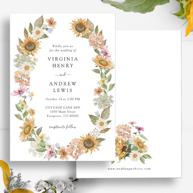 Invitación Boda de Girasoles (Elegant Sunflower Wildflower Watercolor Wreath Wedding Invitation by Painted Paperie)