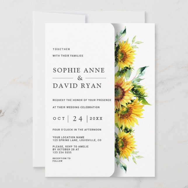 Invitación Boda de girasoles acuarela encantadora (Anverso)
