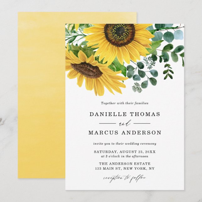 Invitación Boda de girasoles acuarelas y eucalipto (Anverso / Reverso)
