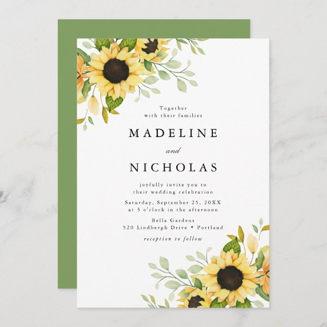 Invitación Boda de girasoles acuáticos y vegetación (Anverso / Reverso)