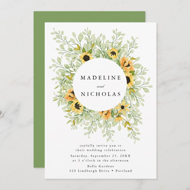 Invitación Boda de girasoles acuáticos y vegetación (Anverso / Reverso)