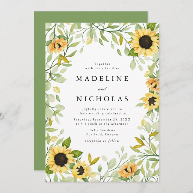 Invitación Boda de girasoles acuáticos y vegetación (Anverso / Reverso)