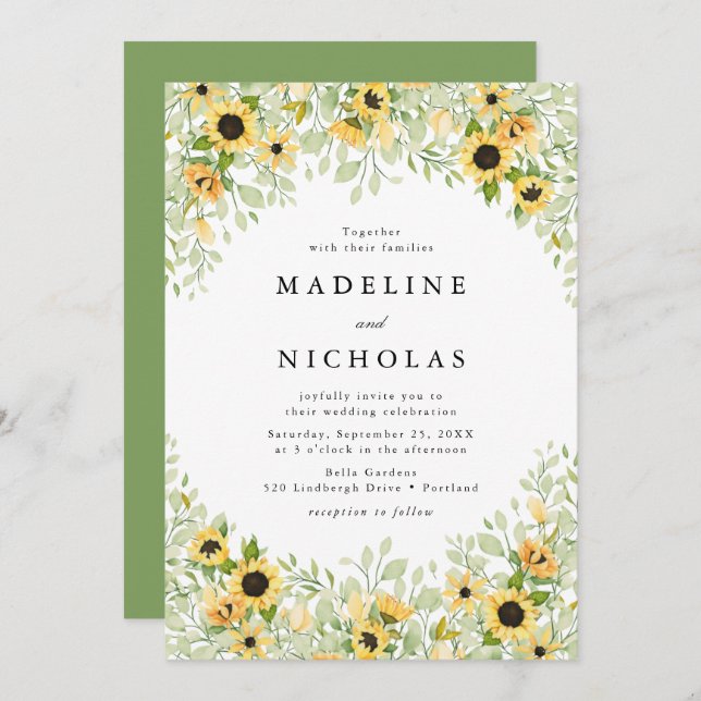 Invitación Boda de girasoles acuáticos y vegetación (Anverso / Reverso)