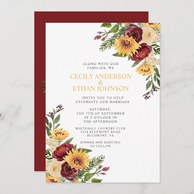 Invitación Boda de girasoles amarillos con flores rusas de bo (Anverso / Reverso)